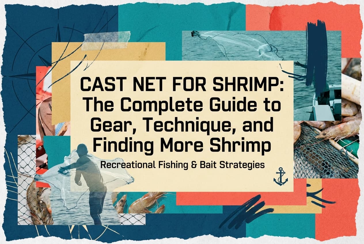 Professional header image for educational tutorial: Cast Net for Shrimp: The Complete Guide to Gear, Techniqu...