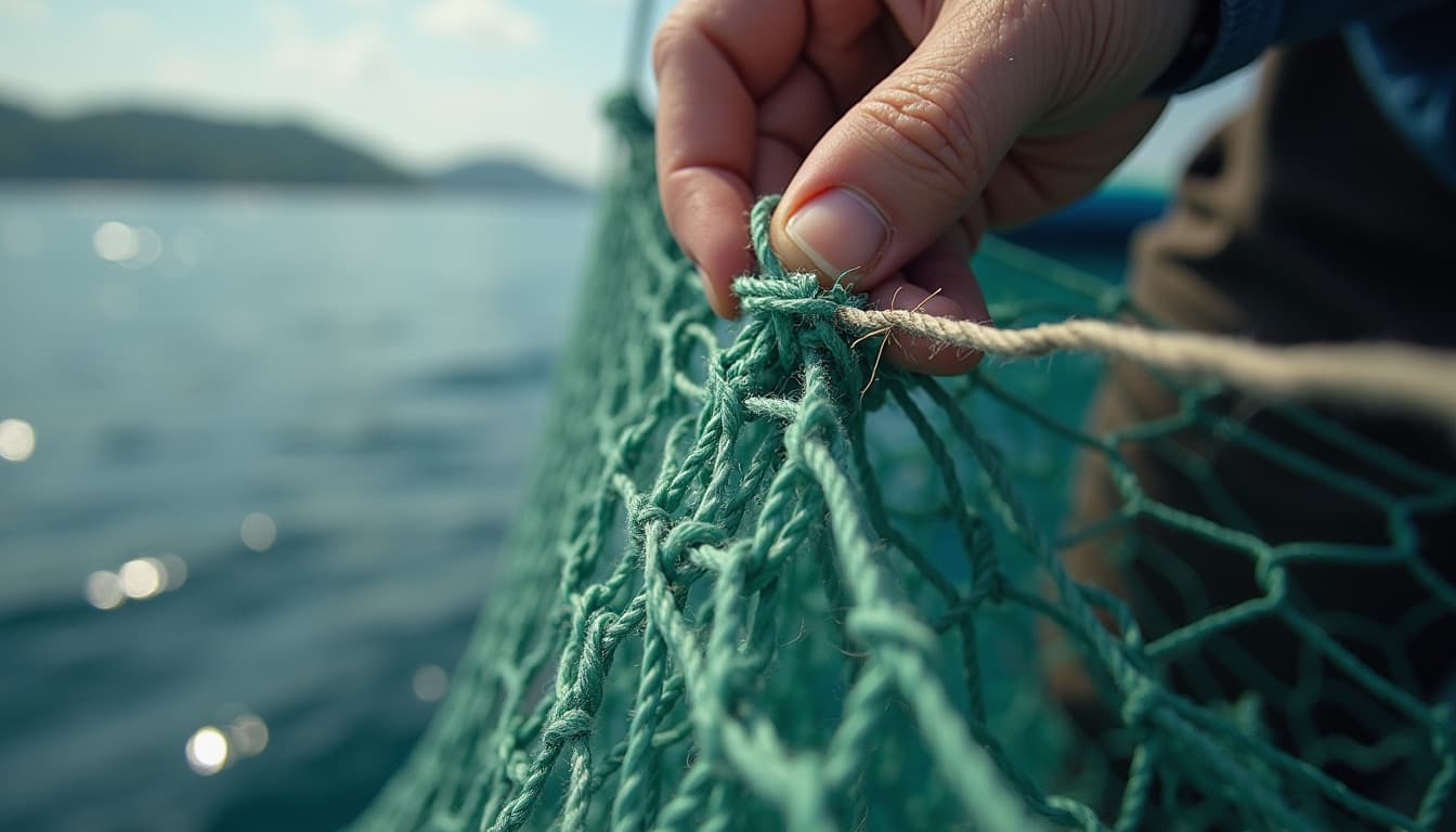 Stitching a small hole in cast net mesh with a netting needle and nylon twine