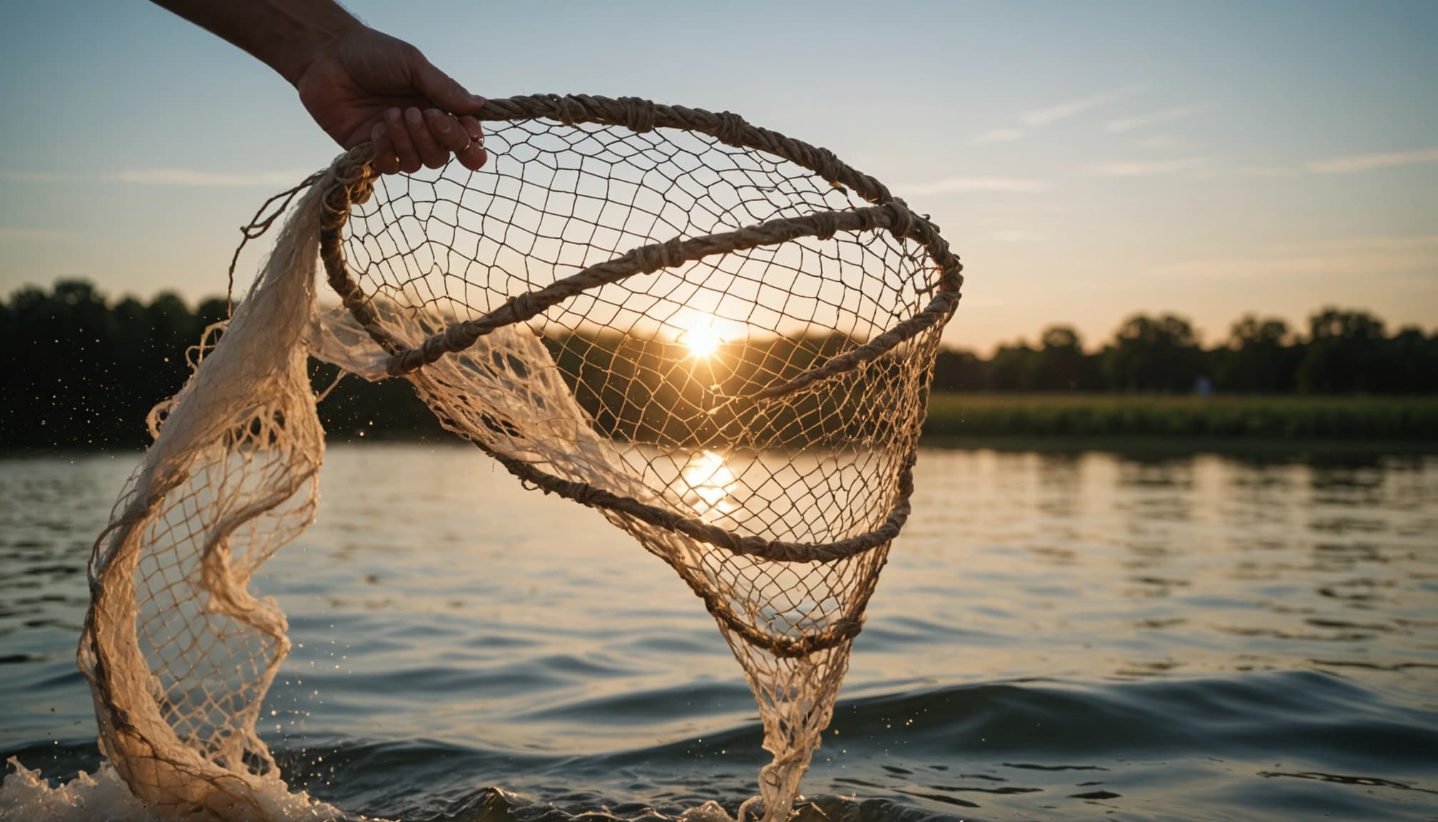 Angler casting a Sport Series cast net over calm water near the shoreline