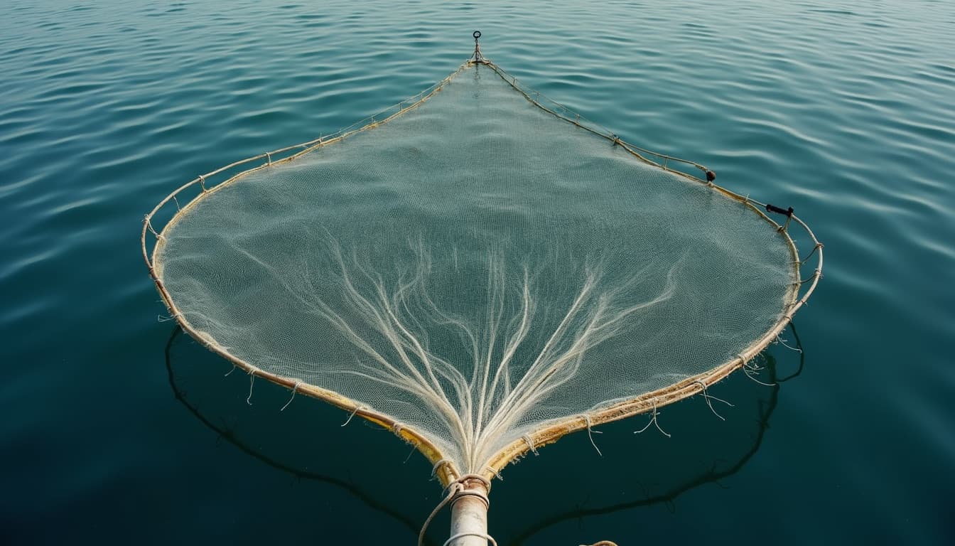 Cast net spread fully open on the water surface mid-throw
