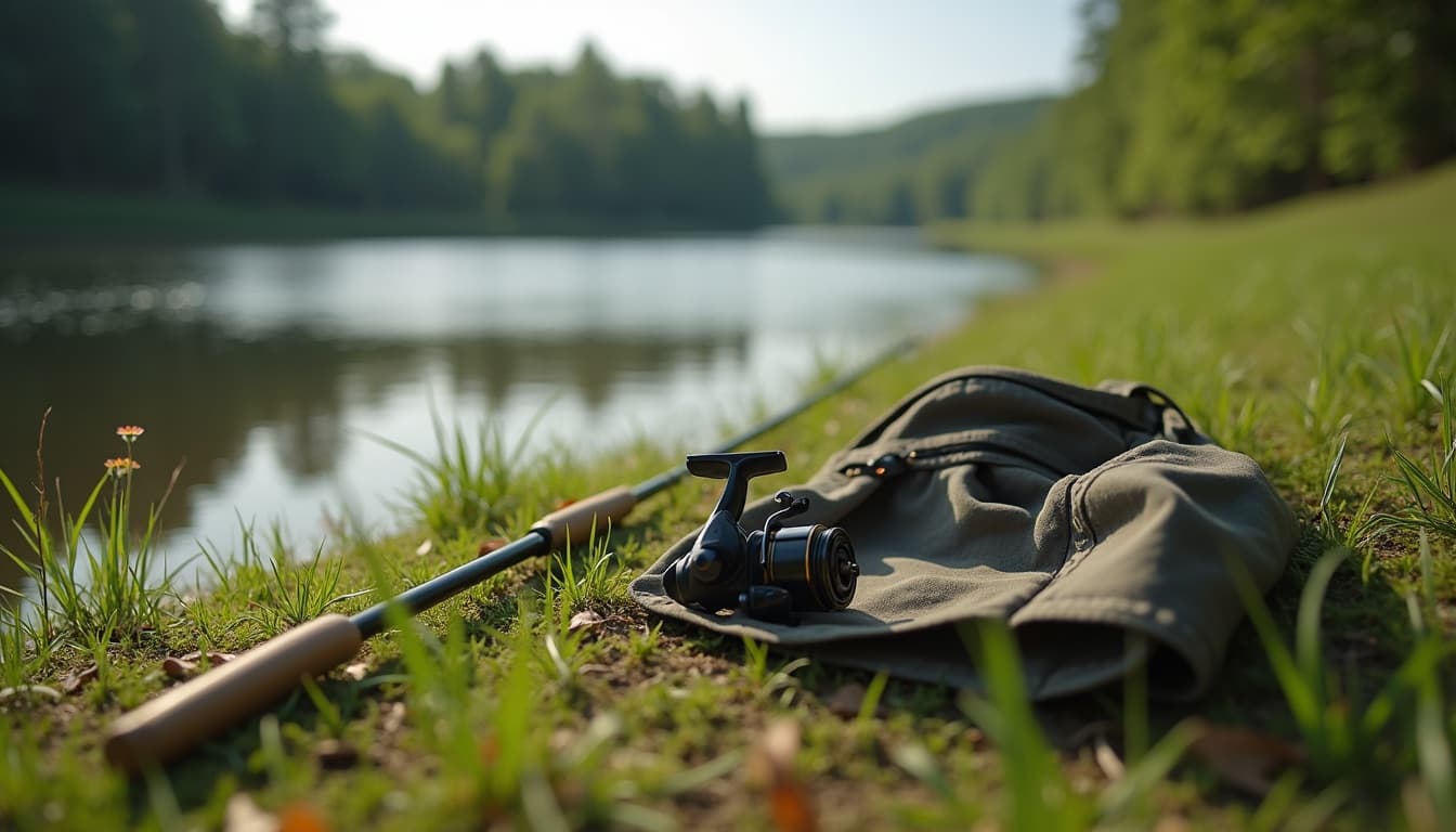 Beginner fishing setup with rod, reel, and tackle box laid out