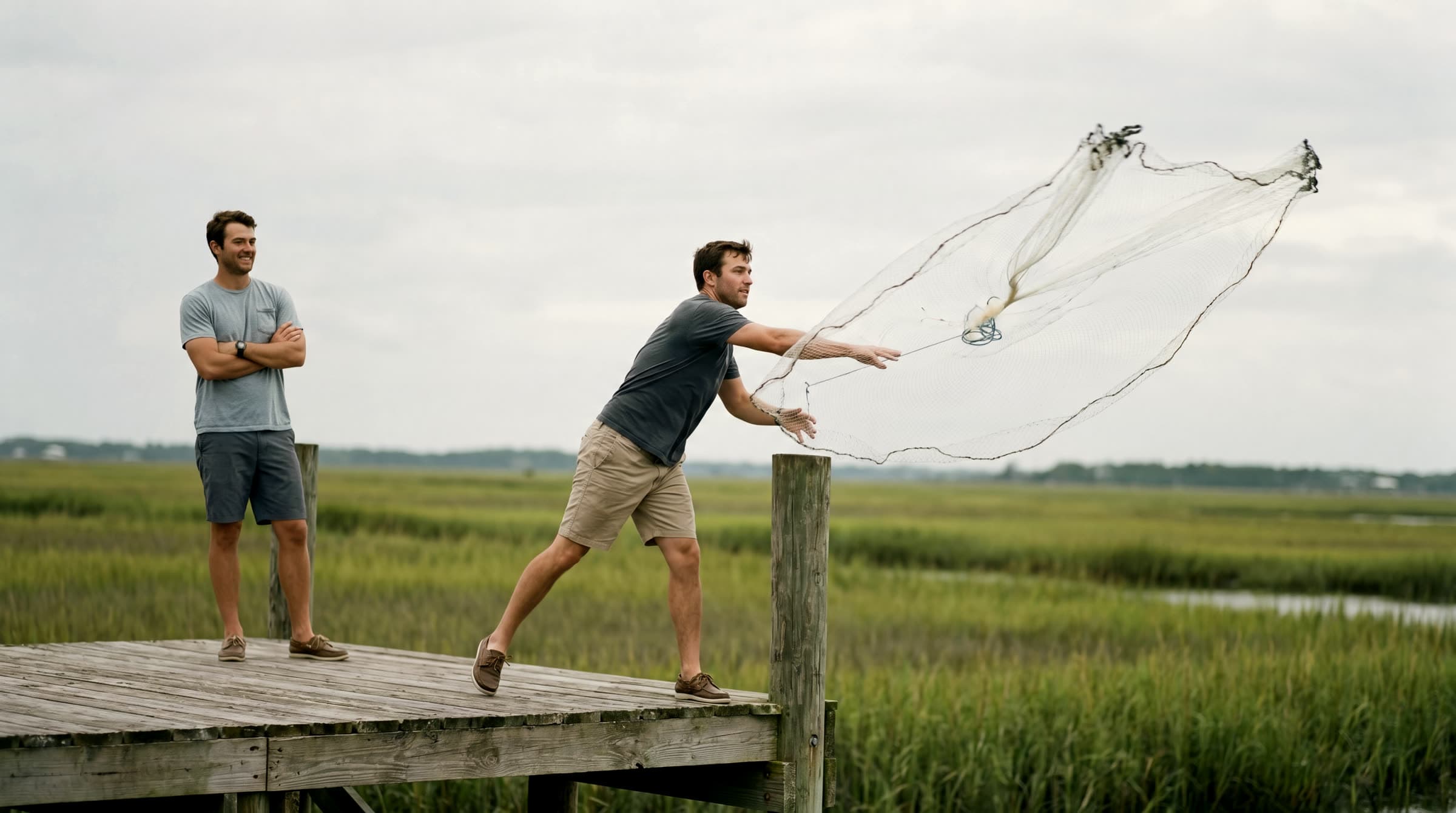 Two friends on a marsh dock — one mid-throw with a cast net