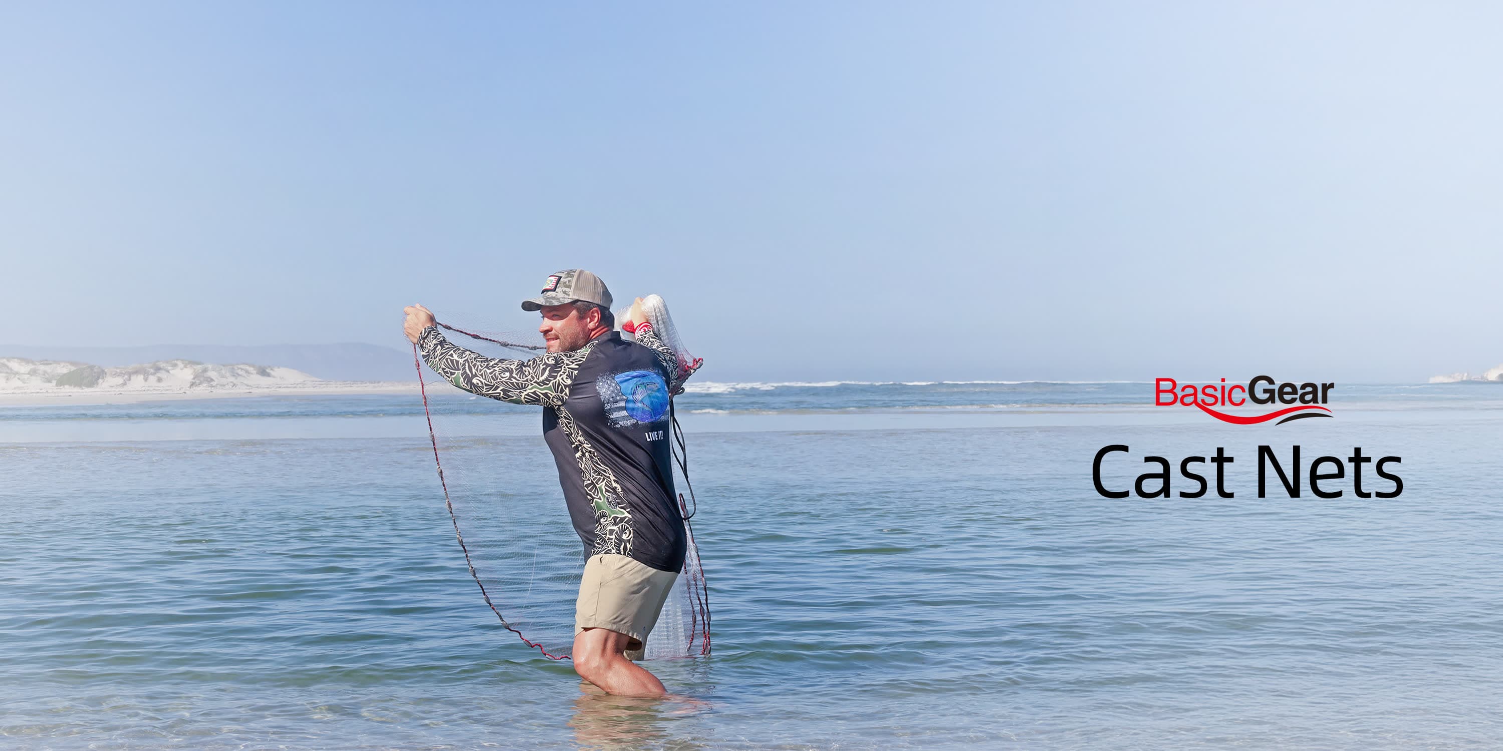 BasicGear cast nets — angler throwing a cast net from the beach