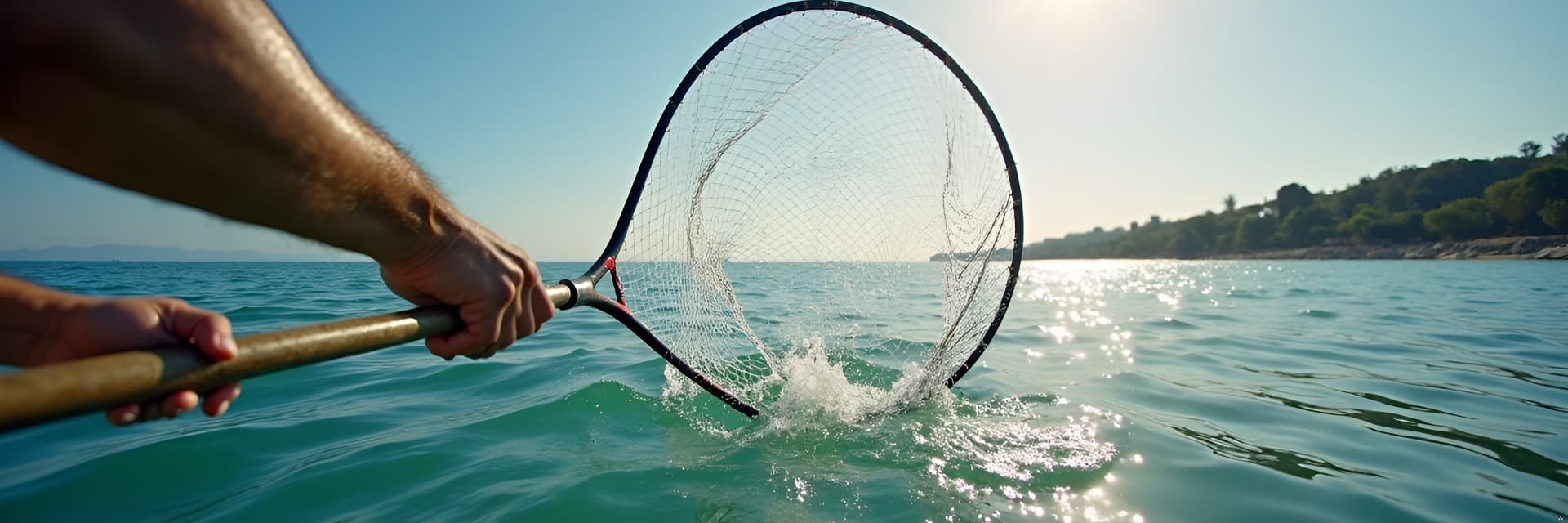 BasicGear landing nets — scooping a catch from clear open water