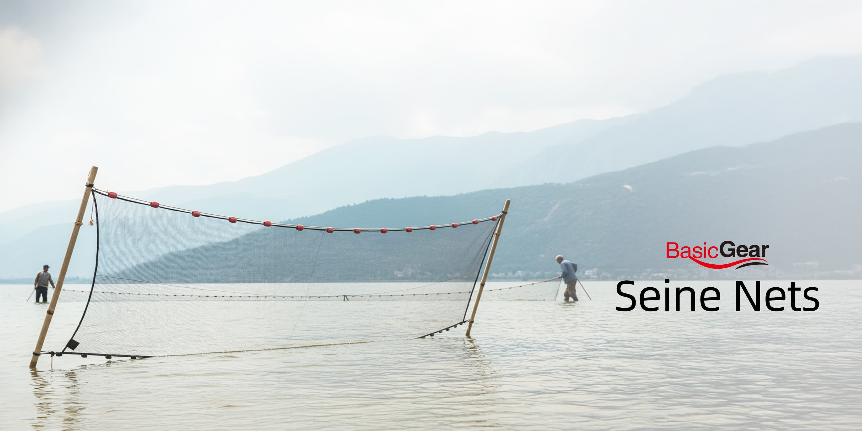 BasicGear seine nets — two anglers pulling a seine net through a lake