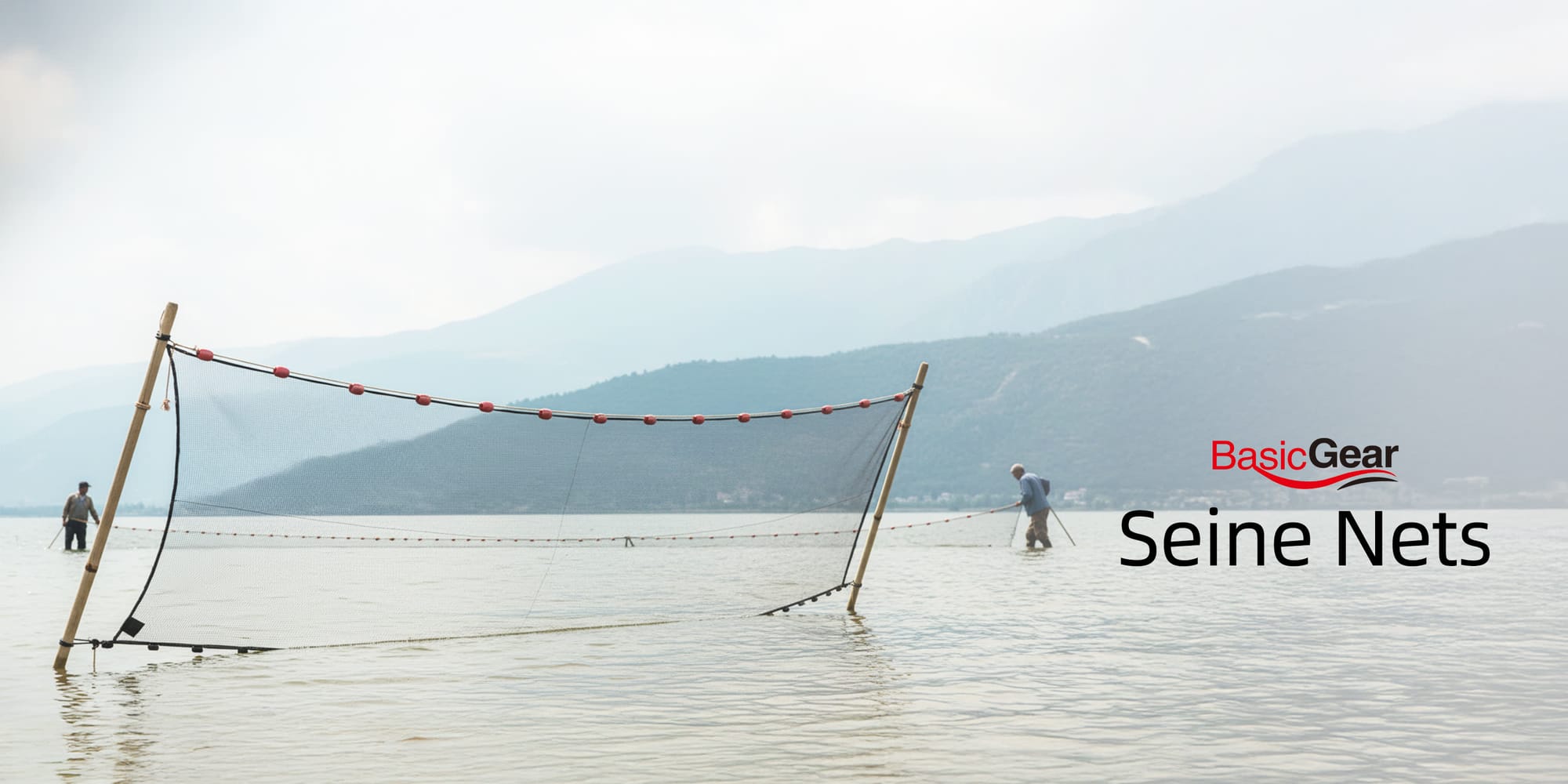 BasicGear seine nets — two anglers pulling a seine net through a lake